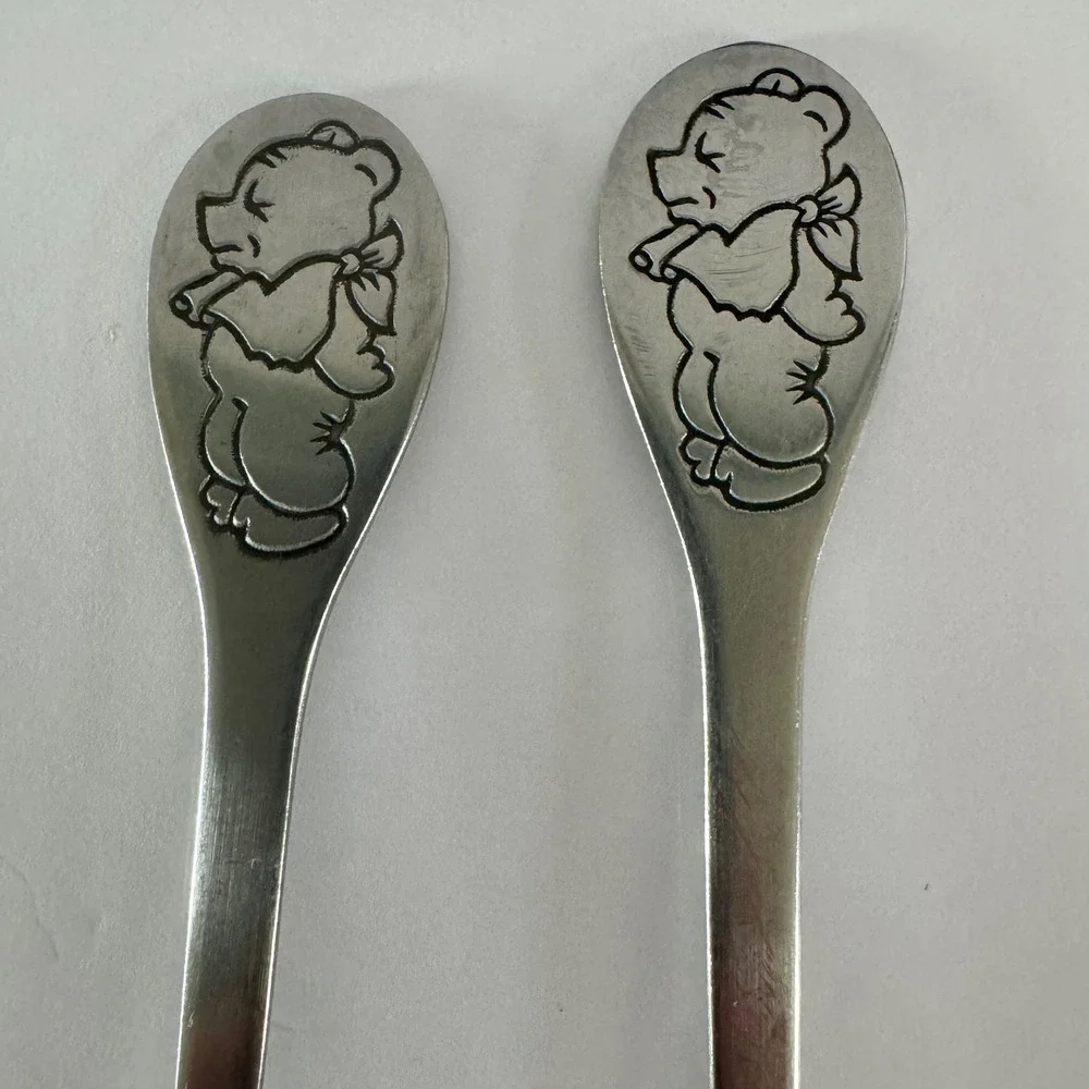 Tommee Tippee Vintage Teddy Bear Child Fork and Spoon Set Stainless Steel Taiwan
